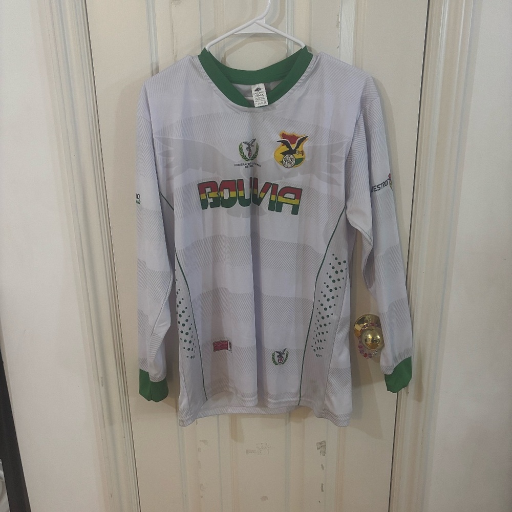 thrifted Bolivia soccer long sleeve shirt green and white looking for best offer